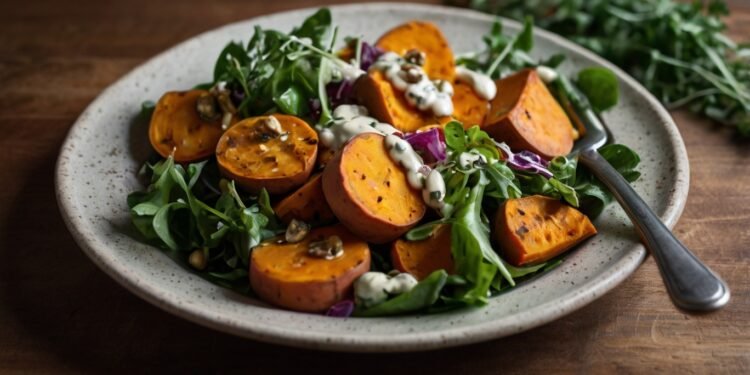Salada Vegana de Batata-Doce Assada com Molho de Tahine