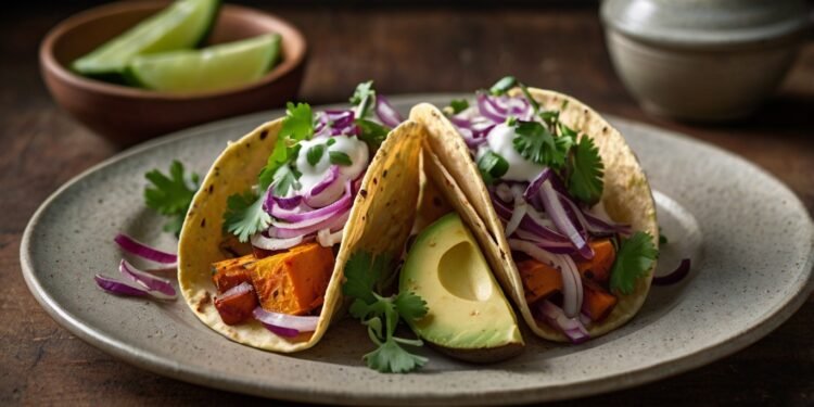 Tacos Veganos de Batata-Doce com Molho Cremoso de Abacate