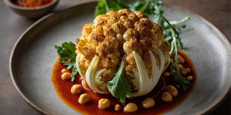 Couve-flor Assada Inteira com Glacê de Harissa e Purê de Feijão Branco
